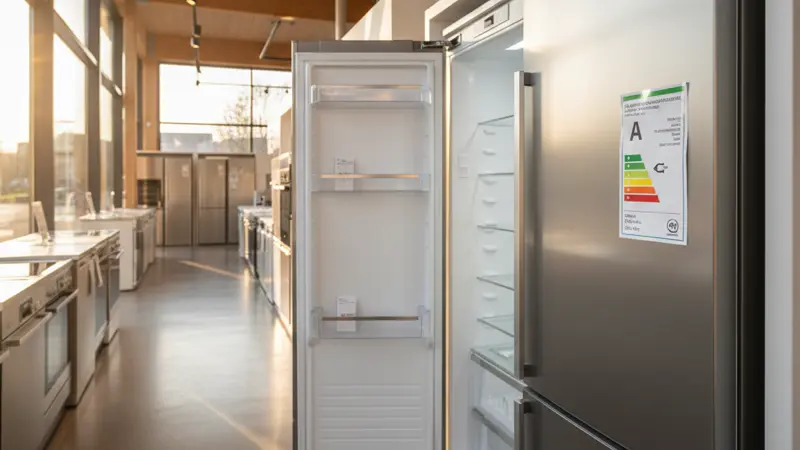 EU-Energielabel auf einem modernen Kühlschrank mit Klasse B, grüner Effizienzbalken sichtbar