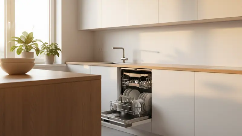 Offener Einbau-Geschirrspüler in einer hellen Küche mit sauberem Geschirr