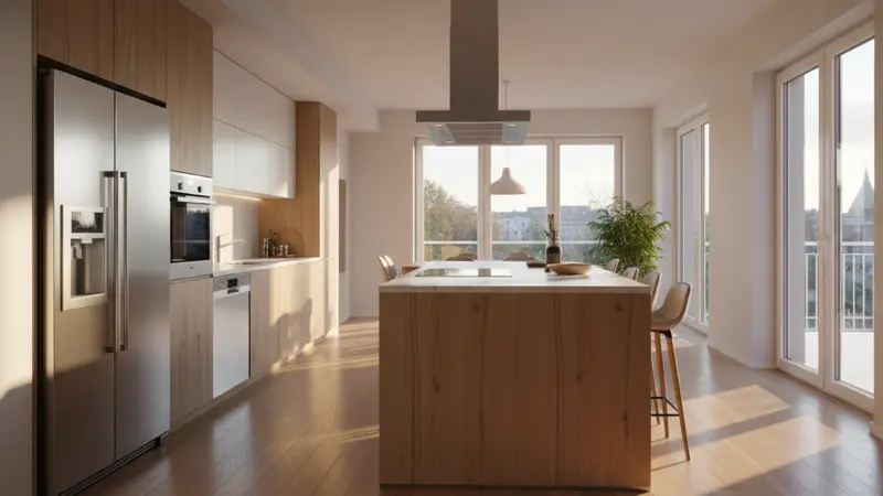 Moderne Einbauküche mit Edelstahl-Elektrogeräten, Kühlschrank, Geschirrspüler und Induktionsherd