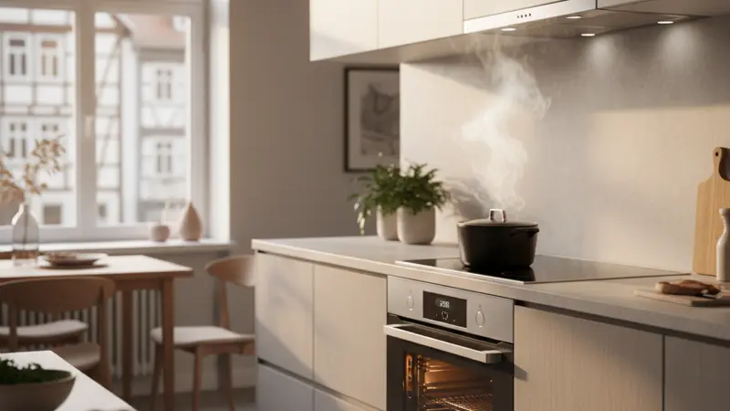 Moderner Induktionsherd mit Backofen in einer deutschen Einbauküche, Topf auf dem Kochfeld