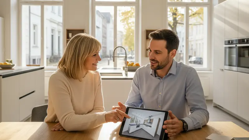Frau plant Küche mit Küchenberater in einem hellen Küchenstudio, Tablet auf dem Tisch