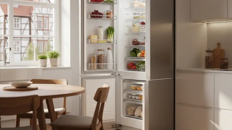 Moderner Side-by-Side Kühlschrank in einer hellen Küche, geöffnete Tür zeigt frische Lebensmittel