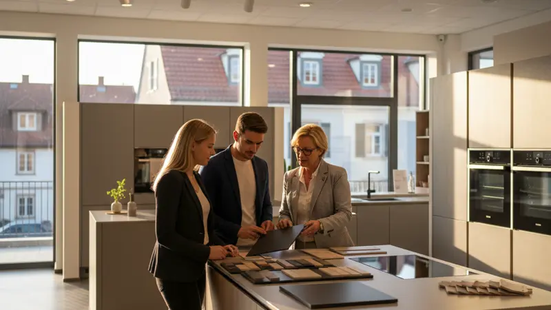 Paar bei der Beratung in einem modernen Küchenstudio mit Frontenmuster Ausstellung