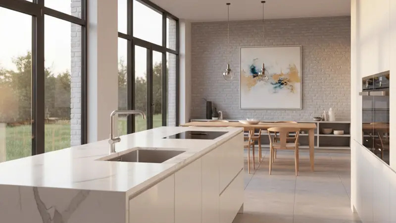 Moderne Küche mit neuen weißen Hochglanzfronten und heller Arbeitsplatte