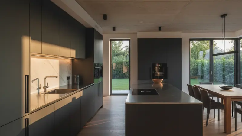 Moderne Küche mit matten anthrazitfarbenen Lackfronten und grifflosem Design