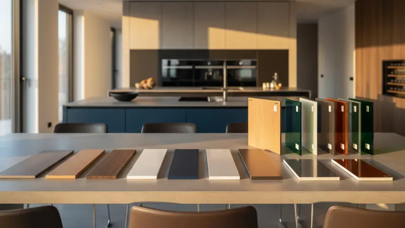 Verschiedene Küchenfrontenmuster: Laminat, Lack, Massivholz und Glas nebeneinander