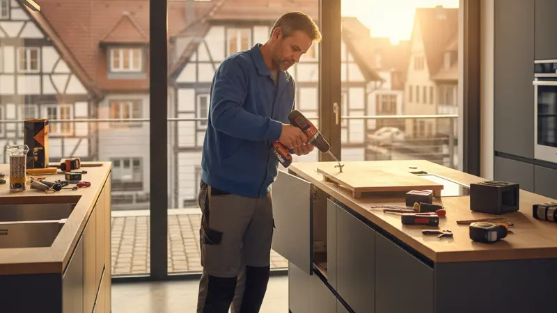 Handwerker beim Einbau neuer Küchenfronten mit Akkuschrauber