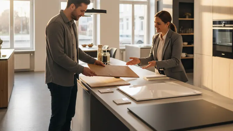 Paar im Küchenstudio vergleicht verschiedene Frontenmuster auf dem Tisch