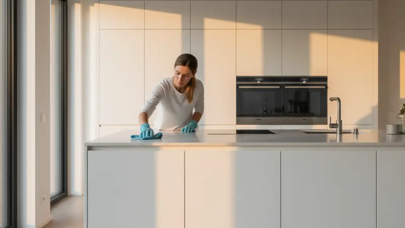Frau reinigt matte Lackfront mit Mikrofasertuch in moderner weißer Küche