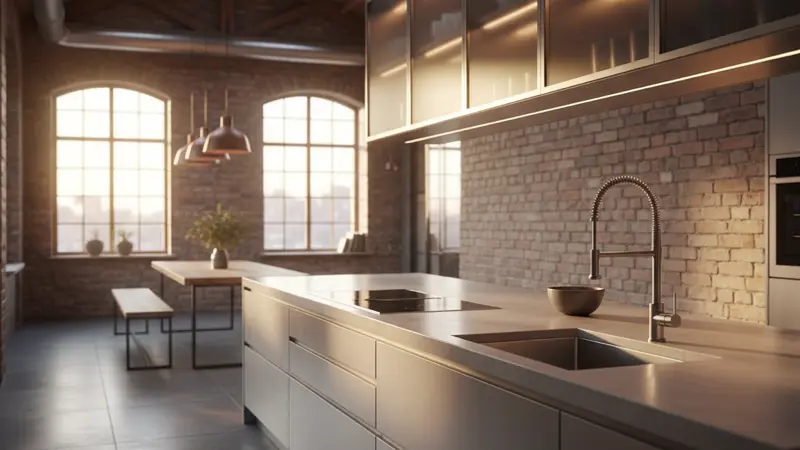 Luxusküche mit satinierten Glasfronten an Oberschränken mit LED Hintergrundbeleuchtung und gebürsteten Edelstahlfronten