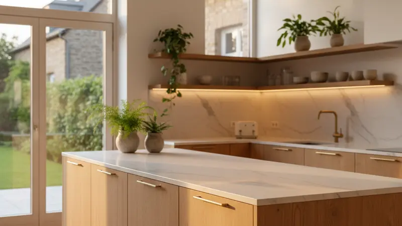 Deutsche Küche mit Massivholzfronten aus Eiche, natürliche Maserung sichtbar, skandinavischer Stil