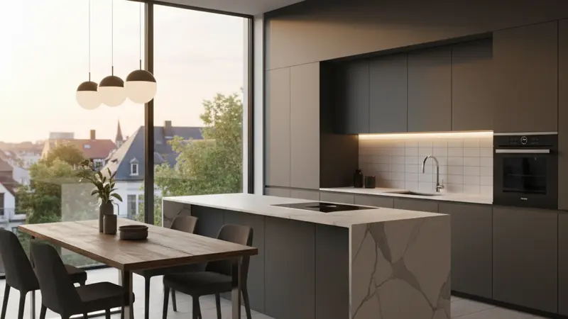 Moderne Küche mit eleganten matten Fronten in Anthrazit, griffloses Design mit LED Beleuchtung