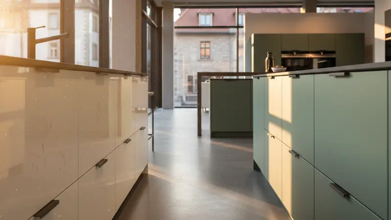 Vergleich von Hochglanz-Lackfronten in Weiß und matten Lackfronten in Salbeigrün in einem Küchenstudio