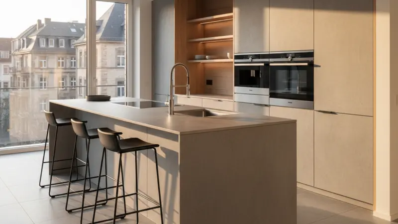 Moderne Küche mit HPL-Laminatfronten in Betonoptik, griffloses Push-to-Open System