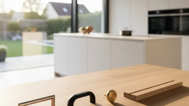 Verschiedene Küchengriffe nebeneinander: Griffleiste, Muschelgriff, Knopfgriff und grifflose Variante