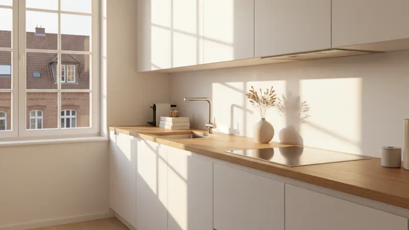 Moderne weiße Küchenfronten in einer hellen deutschen Einbauküche mit Holzarbeitsplatte
