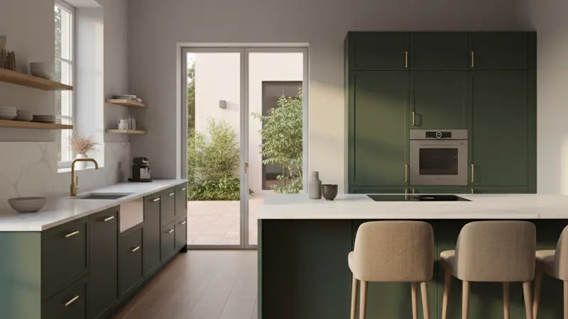 Moderne Küche mit matten dunkelgrünen Lackfronten und Messinggriffen