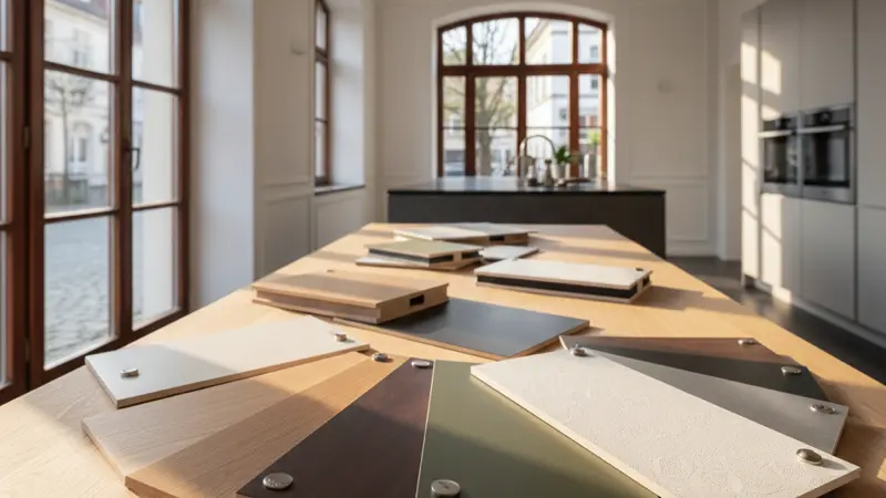 Verschiedene Küchenfronten-Muster in unterschiedlichen Materialien und Farben auf einem Tisch ausgebreitet