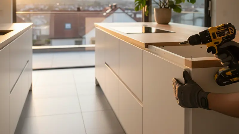 Handwerker montiert neue Küchenfront mit Akkuschrauber an einem Oberschrank