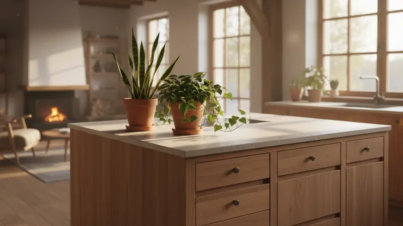 Nachhaltige Küche mit recycelten Holzfronten und Zimmerpflanzen