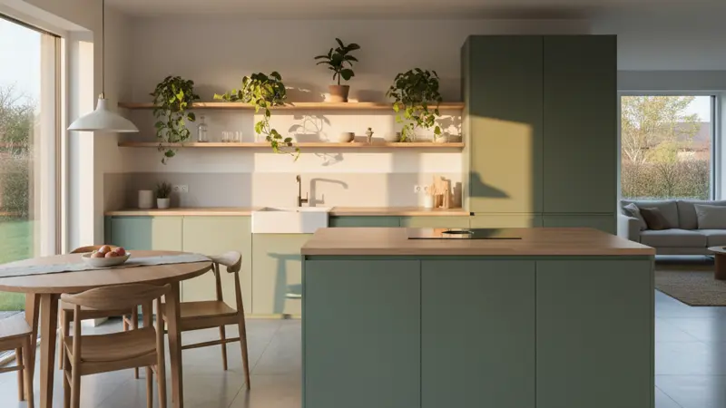 Trendküche 2026 mit matten salbeigrünen Fronten und offenen Holzregalen