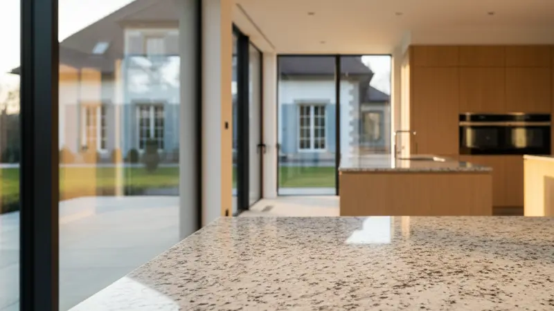 Nahaufnahme einer polierten Kashmir White Granit-Arbeitsplatte mit natürlicher Maserung