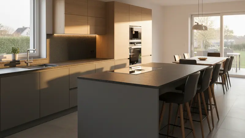 Elegante moderne Küche mit dunkelgrauer Granit-Arbeitsplatte Nero Assoluto