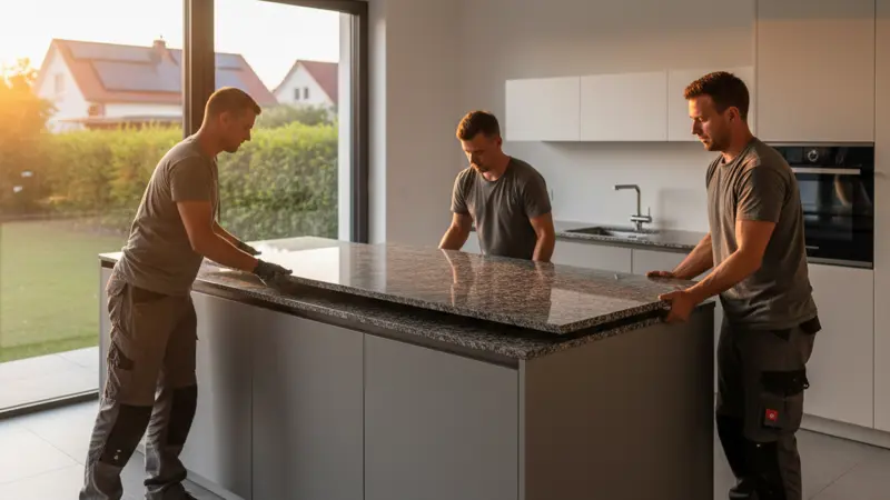 Monteure installieren eine schwere Granit-Arbeitsplatte auf Unterschränke in einer Küche