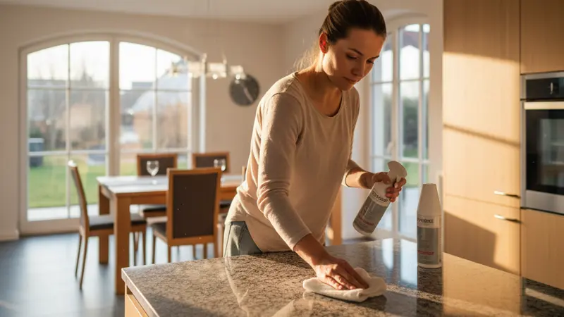 Frau pflegt und imprägniert eine Granit-Arbeitsplatte in einer modernen Küche