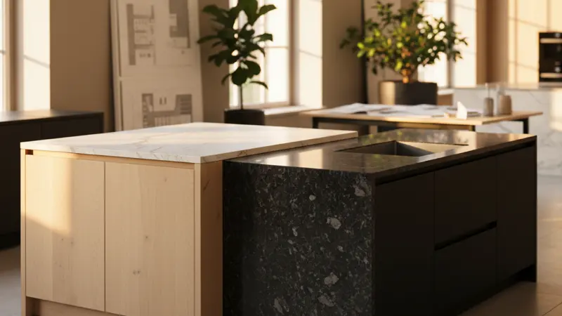 Materialvergleich verschiedener Arbeitsplatten in einem Küchenstudio