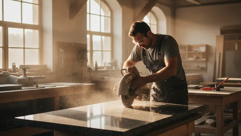 Steinmetz schneidet Granitplatte mit Diamantsäge in der Werkstatt