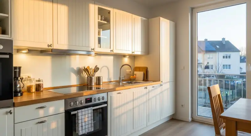 Klassische Häcker Küche in Weiß mit Holz-Arbeitsplatte und Landhausstil-Elementen