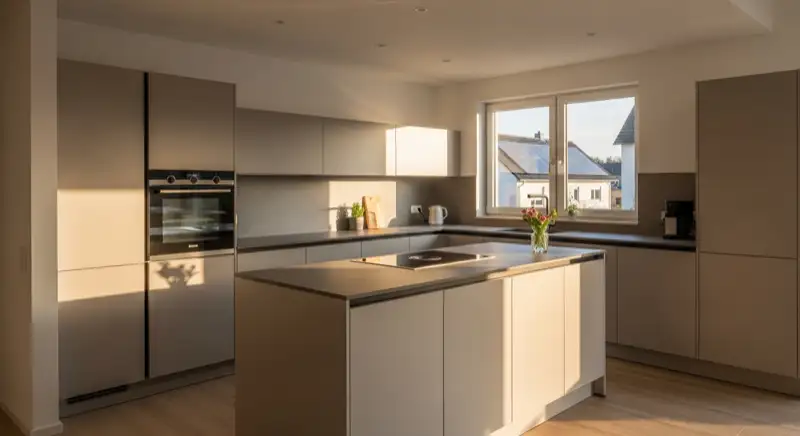 Moderne Häcker Küche mit grifflosen Fronten und Kochinsel in hellem Design