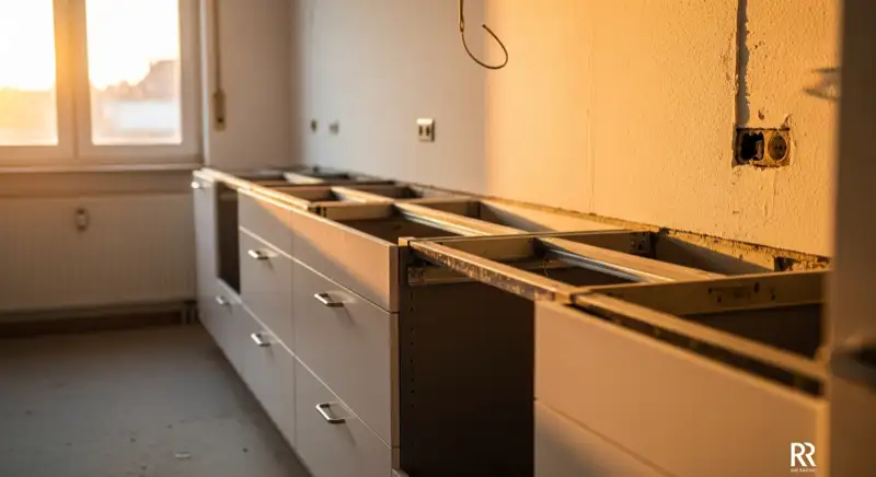 Teilweise montierte Einbauküche in einer deutschen Wohnung mit ausgerichteten Unterschränken
