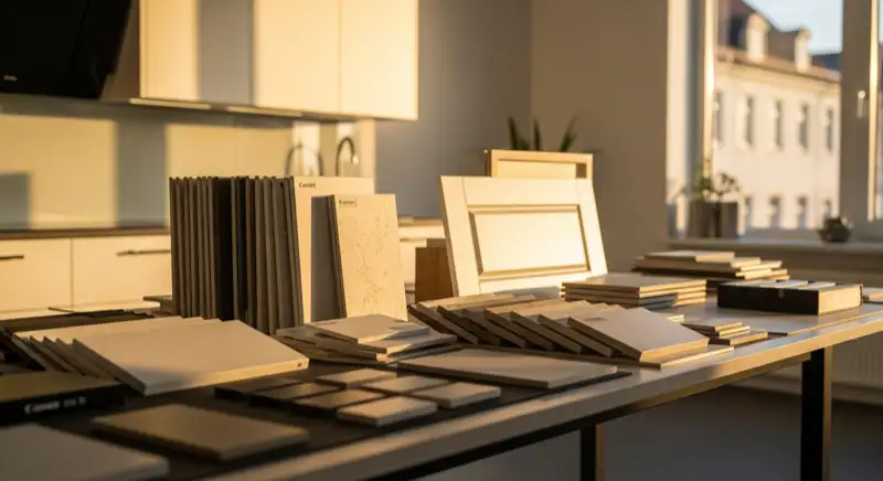 Küchenstudio-Planungsraum mit Materialmustern, Fronten und Arbeitsplatten auf einem Tisch