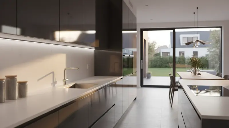 Detailaufnahme einer anthrazitfarbenen Hochglanz-Küchenfront mit spiegelnder Oberfläche