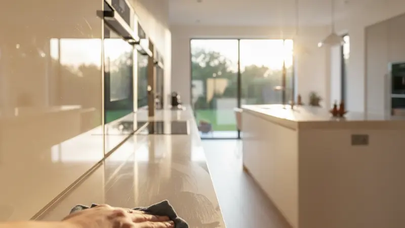 Person reinigt eine Hochglanz-Küchenfront mit einem Mikrofasertuch