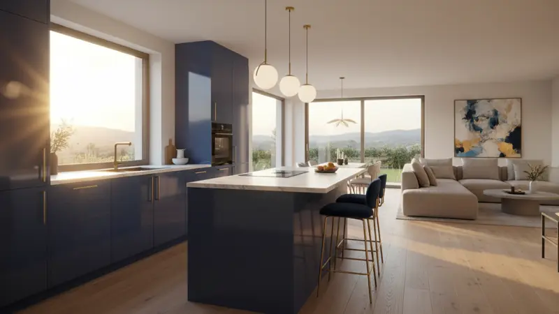 Moderne dunkelblaue Hochglanzküche mit heller Arbeitsplatte und Kochinsel