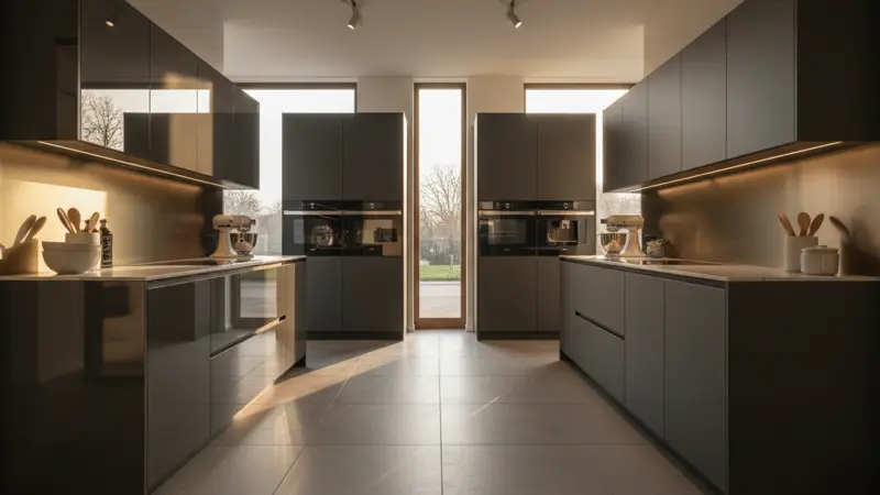 Direkter Vergleich zwischen hochglänzenden und matten Küchenfronten im Showroom