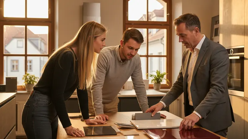 Küchenberater zeigt einem Paar Hochglanz-Frontenmuster im Küchenstudio