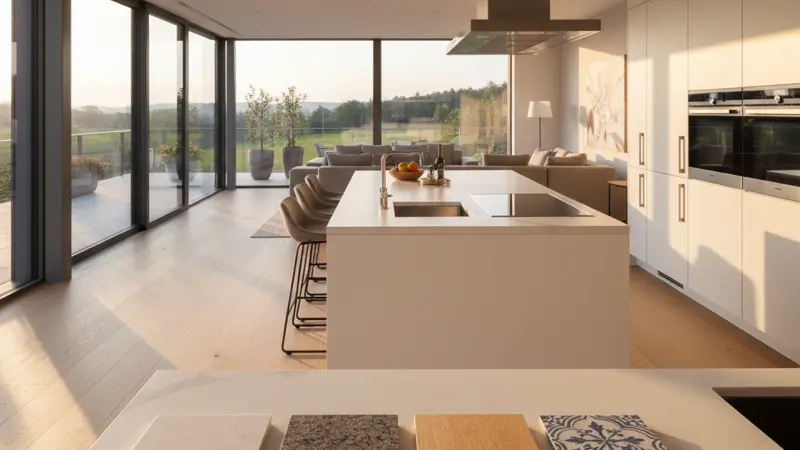 Nahaufnahme verschiedener Arbeitsplatten-Materialien: Quarzkomposit, Granit, Massivholz und Keramik