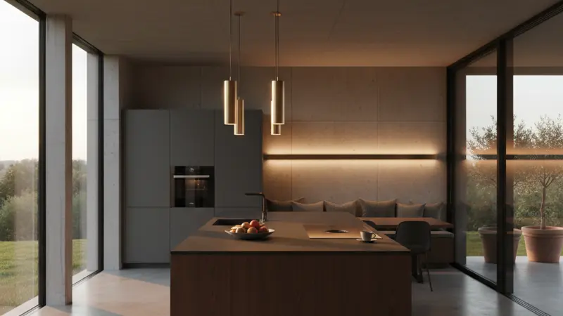 Drei moderne Pendelleuchten über einer dunklen Kücheninsel mit warmem Licht