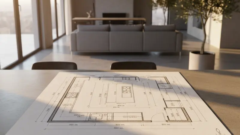 Grundriss einer Küche mit eingezeichneten Abständen und Maßen für die Kücheninsel