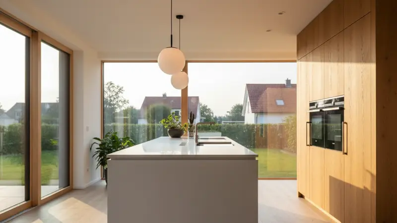 Moderne Kücheninsel mit Quarzkomposit-Arbeitsplatte in einer hellen offenen Wohnküche