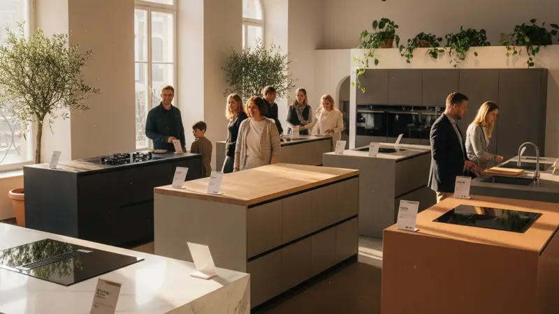 Verschiedene Kücheninseln in einem Küchenstudio mit sichtbaren Preisschildern