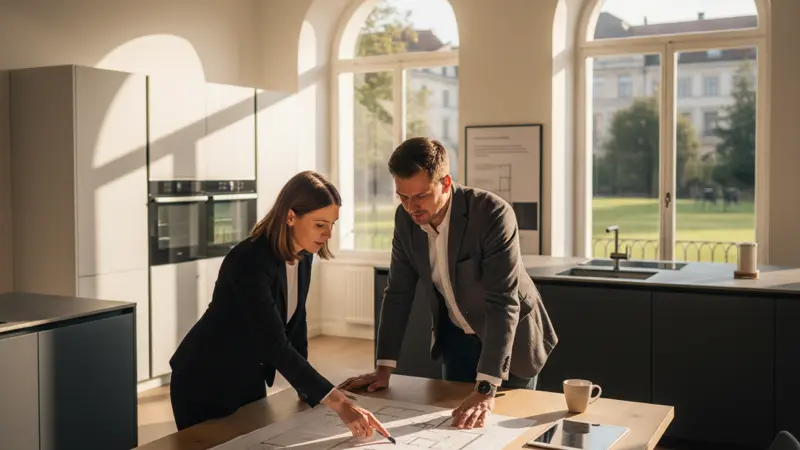 Küchenplanerin und Kunde besprechen den Grundriss einer Küche mit Kücheninsel am Tisch