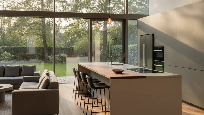 Offene Wohnküche mit großer Kücheninsel als Raumteiler zwischen Kochbereich und Wohnzimmer