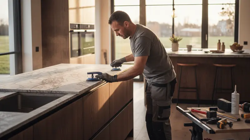 Handwerker mit Spezialwerkzeug bei der Installation einer Keramik-Arbeitsplatte