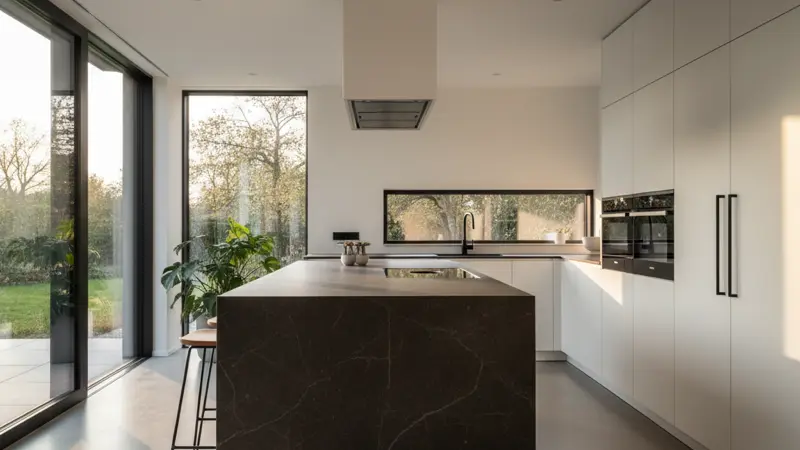 Moderne Küche mit dunkler Keramik-Arbeitsplatte in Marmoroptik auf einer großen Kücheninsel