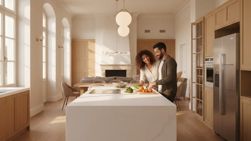 Große Kücheninsel mit weißer Keramik-Arbeitsplatte, Pendelleuchten darüber